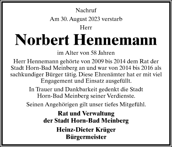 Anzeige  Norbert Hennemann  Lippische Landes-Zeitung