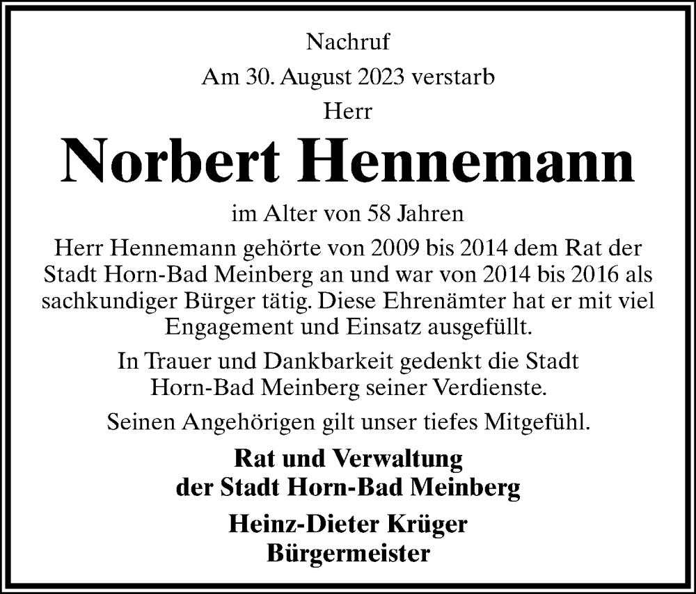  Traueranzeige für Norbert Hennemann vom 09.09.2023 aus Lippische Landes-Zeitung