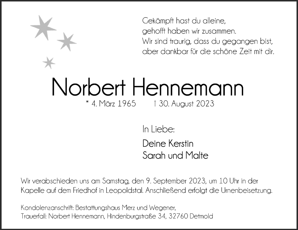  Traueranzeige für Norbert Hennemann vom 06.09.2023 aus Lippische Landes-Zeitung
