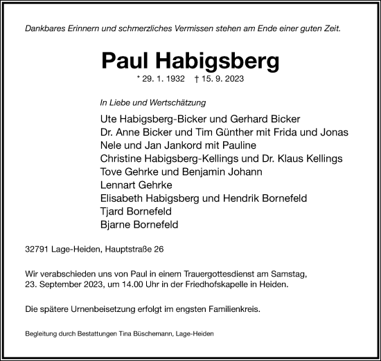 Anzeige  Paul Habigsberg  Lippische Landes-Zeitung