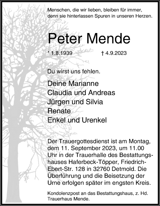 Anzeige  Peter Mende  Lippische Landes-Zeitung