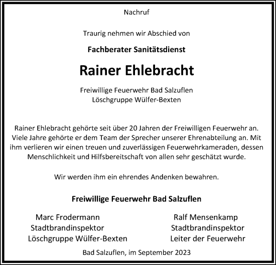 Anzeige  Rainer Ehlebracht  Lippische Landes-Zeitung