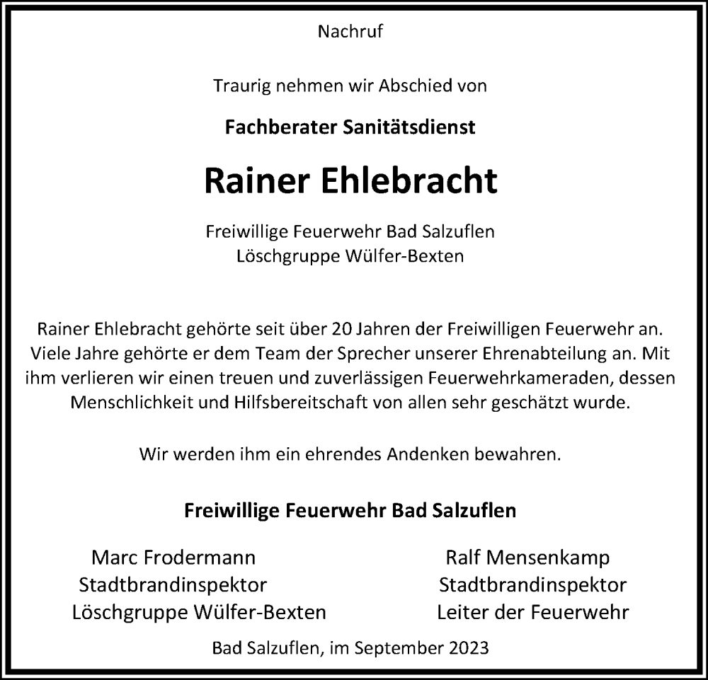  Traueranzeige für Rainer Ehlebracht vom 16.09.2023 aus Lippische Landes-Zeitung