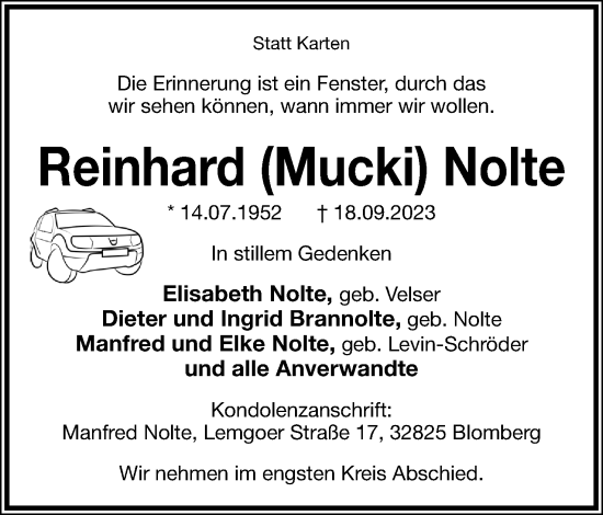 Anzeige  Reinhard Nolte  Lippische Landes-Zeitung