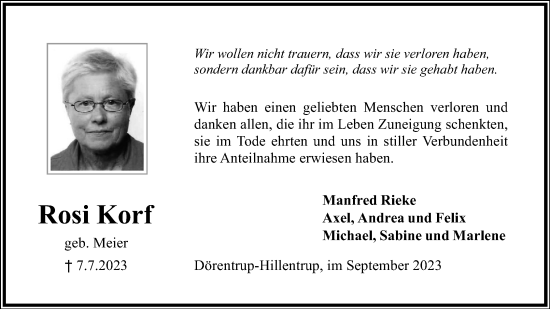 Anzeige  Rosi Korf  Lippische Landes-Zeitung