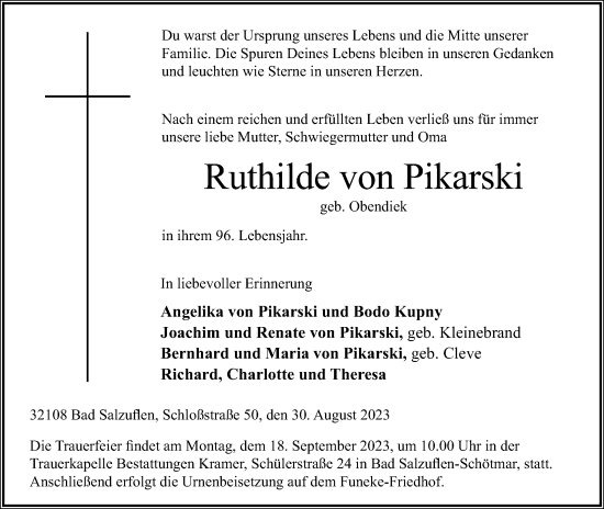 Anzeige  Ruthilde von Pikarski  Lippische Landes-Zeitung