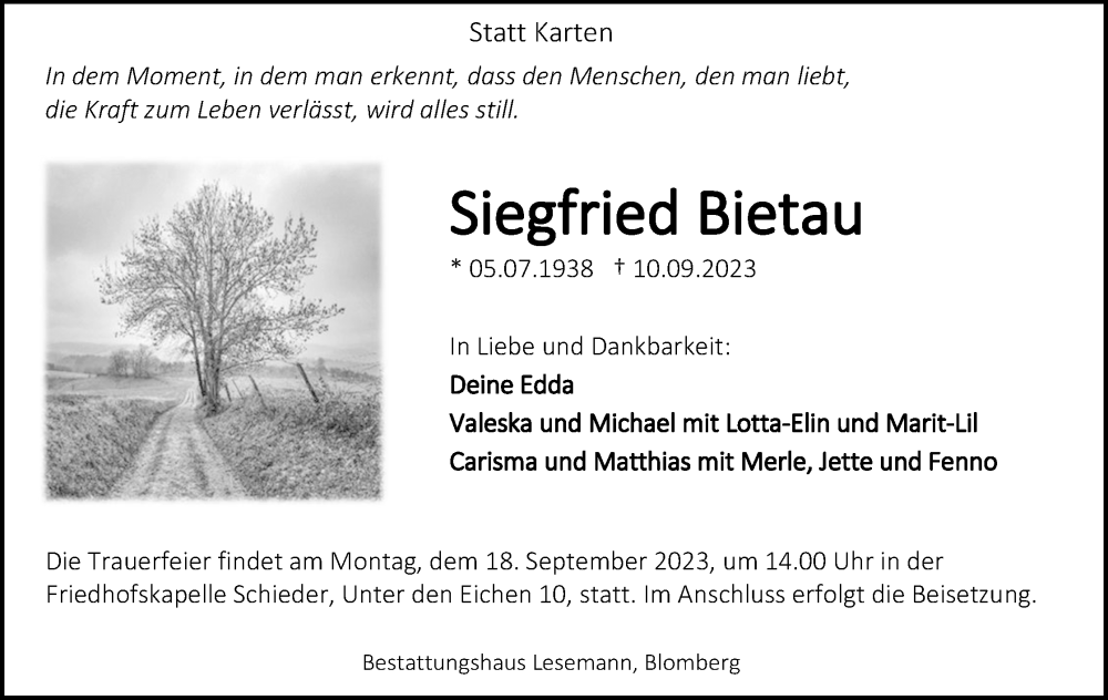  Traueranzeige für Siegfried Bietau vom 16.09.2023 aus Lippische Landes-Zeitung
