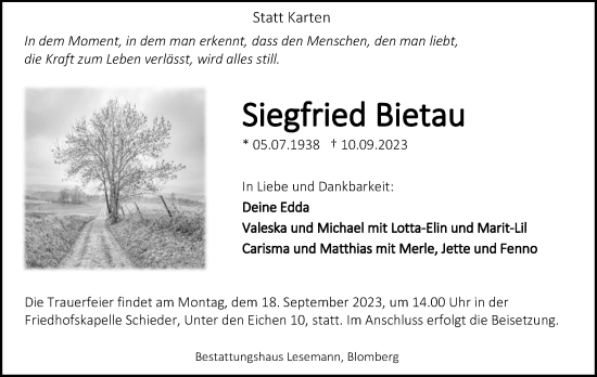Anzeige  Siegfried Bietau  Lippische Landes-Zeitung