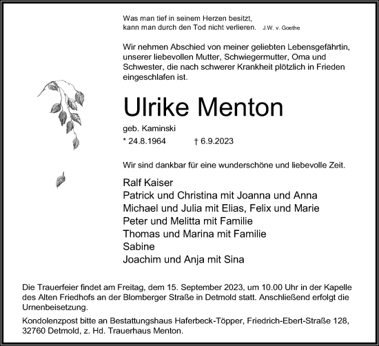 Anzeige  Ulrike Menton  Lippische Landes-Zeitung