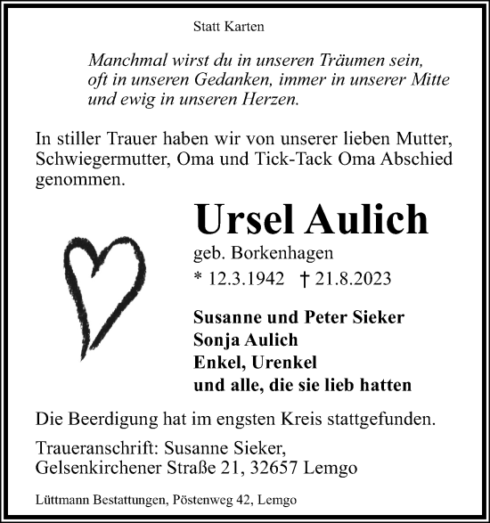 Anzeige  Ursel Aulich  Lippische Landes-Zeitung