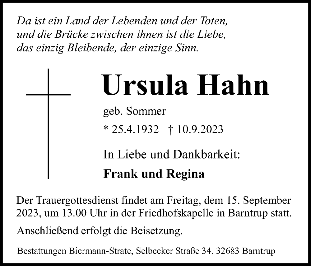  Traueranzeige für Ursula Hahn vom 13.09.2023 aus Lippische Landes-Zeitung
