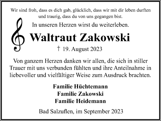 Anzeige  Waltraut Zakowski  Lippische Landes-Zeitung