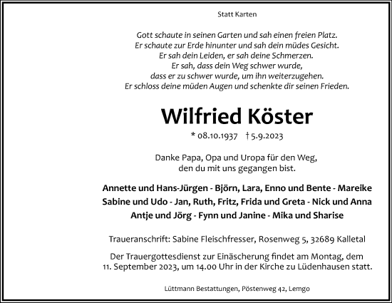 Anzeige  Wilfried Köster  Lippische Landes-Zeitung
