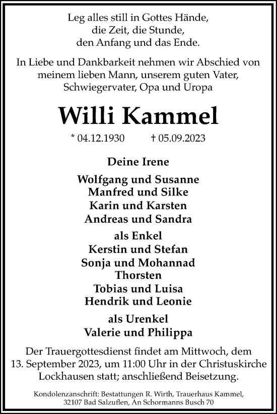 Anzeige  Willi Kammel  Lippische Landes-Zeitung