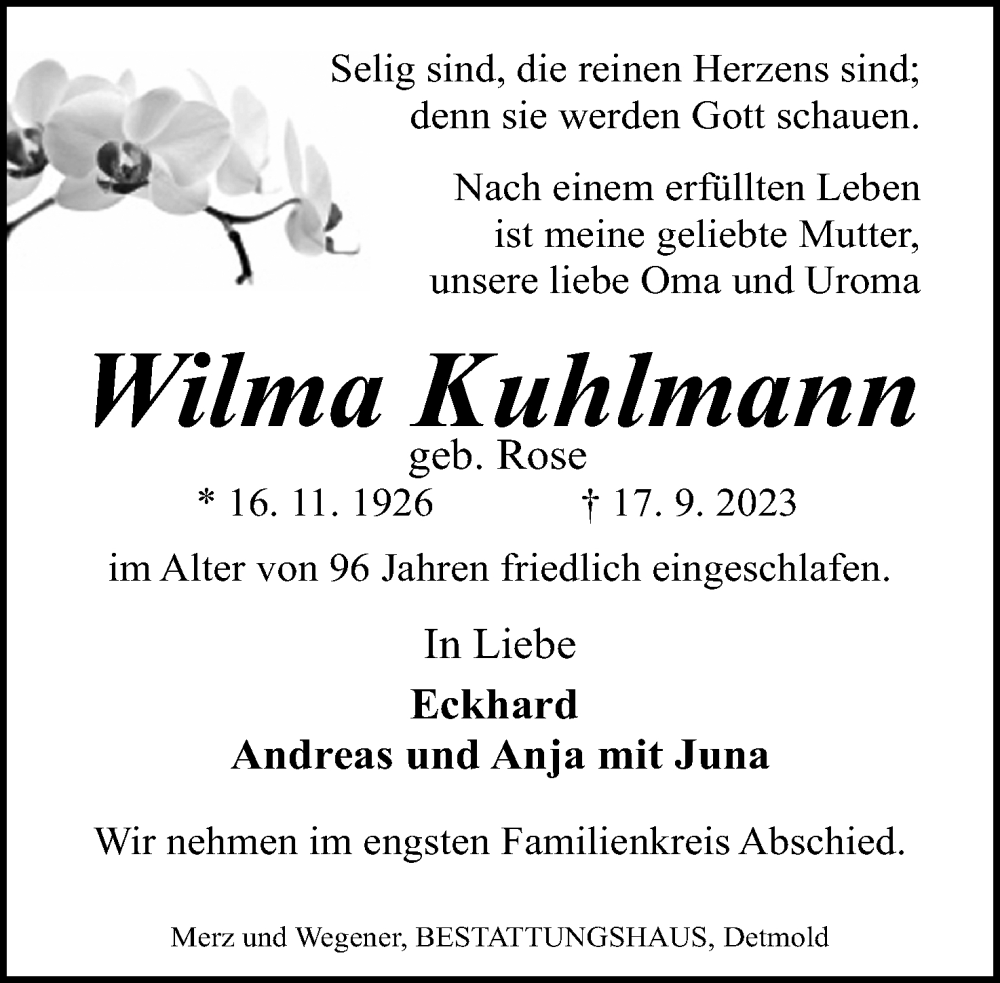  Traueranzeige für Wilma Kuhlmann vom 20.09.2023 aus Lippische Landes-Zeitung