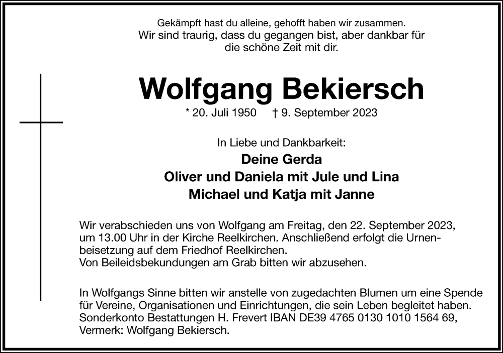  Traueranzeige für Wolfgang Bekiersch vom 16.09.2023 aus Lippische Landes-Zeitung