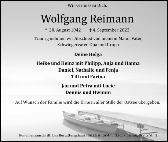 Anzeige  Wolfgang Reimann  Lippische Landes-Zeitung