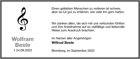 Anzeige  Wolfram Beste  Lippische Landes-Zeitung