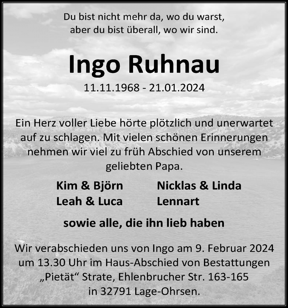  Traueranzeige für Ingo Ruhnau  vom 27.01.2024 aus Lippische Landes-Zeitung