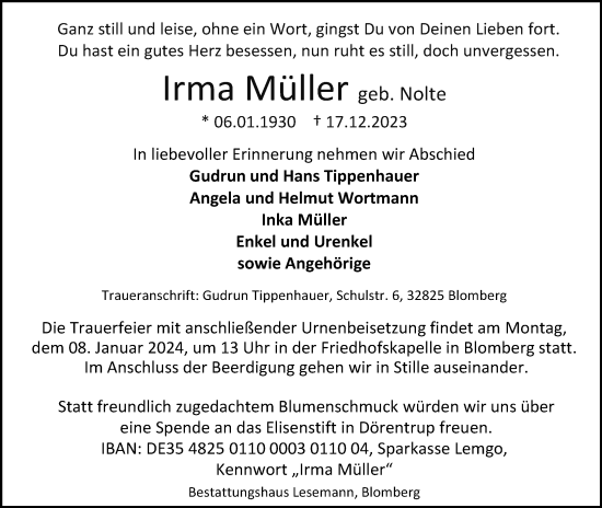 Anzeige  Irma Müller  Lippische Landes-Zeitung