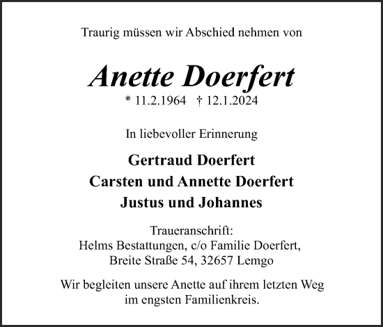 Anzeige  Anette Doerfert  Lippische Landes-Zeitung