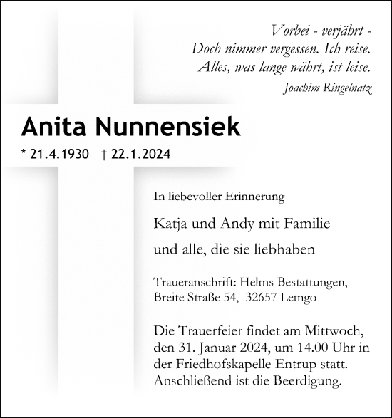 Anzeige  Anita Nunnensiek  Lippische Landes-Zeitung