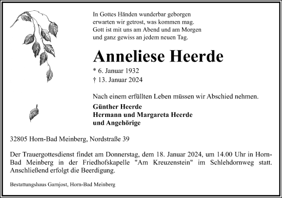 Anzeige  Anneliese Heerde  Lippische Landes-Zeitung