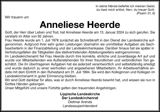 Anzeige  Anneliese Heerde  Lippische Landes-Zeitung