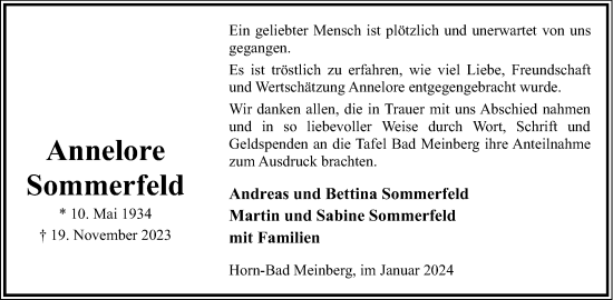 Anzeige  Annelore Sommerfeld  Lippische Landes-Zeitung