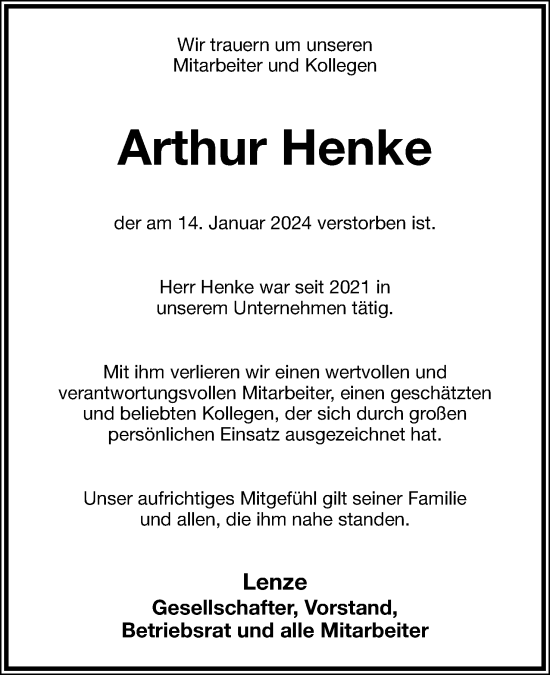 Anzeige  Arthur Henke  Lippische Landes-Zeitung