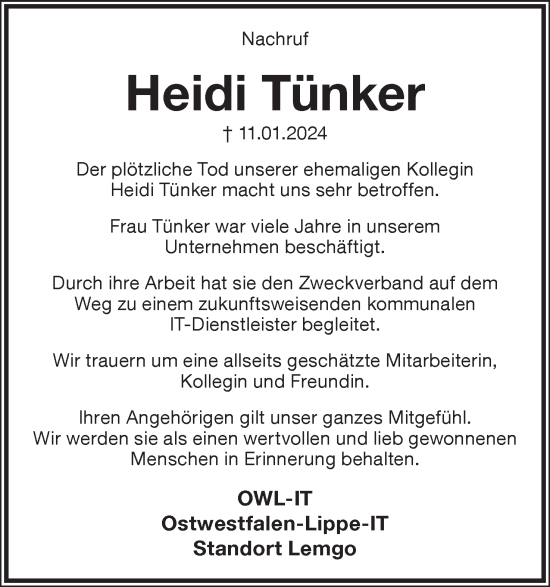 Anzeige  Heidi Tünker  Lippische Landes-Zeitung