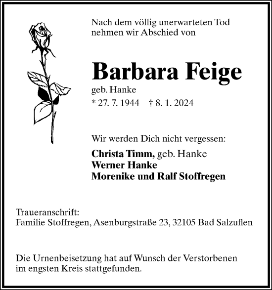 Anzeige  Barbara Feige  Lippische Landes-Zeitung