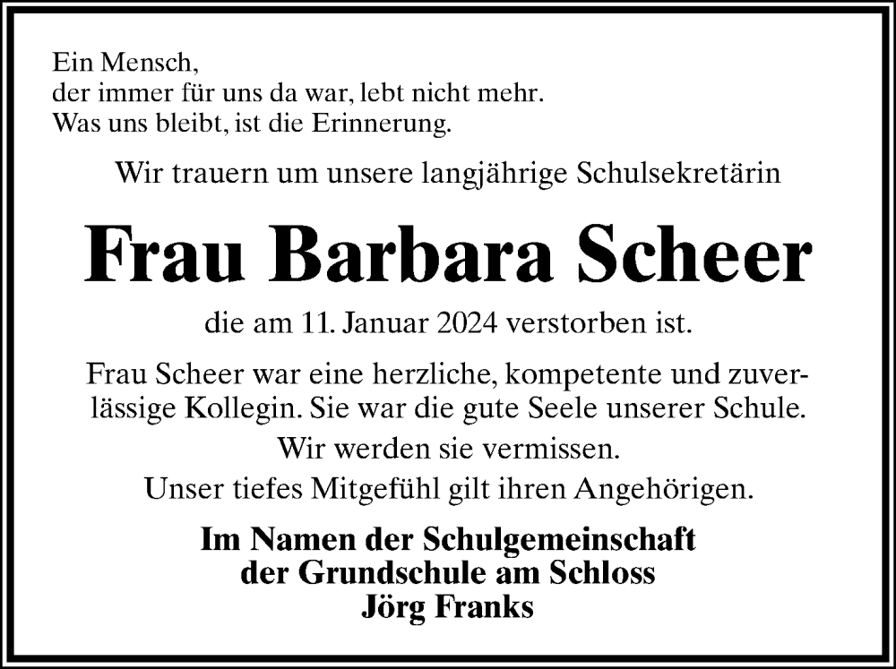  Traueranzeige für Barbara Scheer vom 20.01.2024 aus Lippische Landes-Zeitung