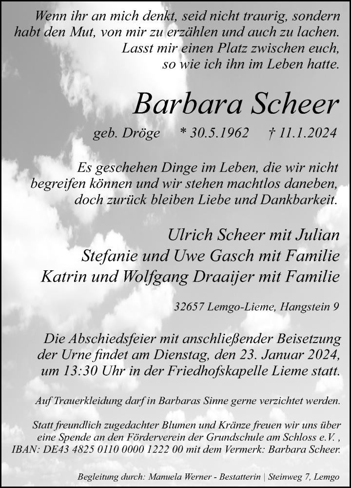  Traueranzeige für Barbara Scheer vom 17.01.2024 aus Lippische Landes-Zeitung