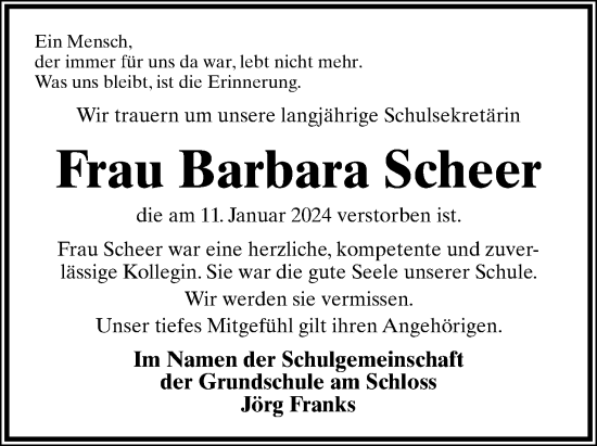 Anzeige  Barbara Scheer  Lippische Landes-Zeitung