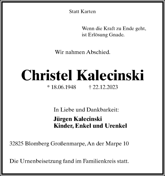 Anzeige  Christel Kalecinski  Lippische Landes-Zeitung