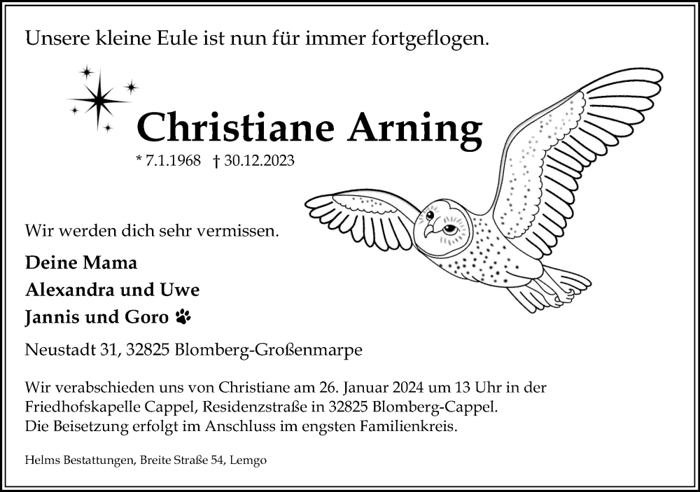  Traueranzeige für Christiane Arning vom 06.01.2024 aus Lippische Landes-Zeitung