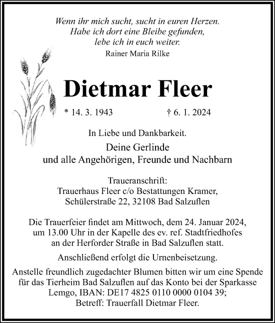 Anzeige  Dietmar Fleer  Lippische Landes-Zeitung