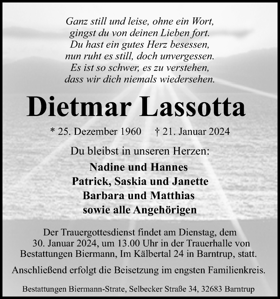  Traueranzeige für Dietmar Lassotta vom 27.01.2024 aus Lippische Landes-Zeitung