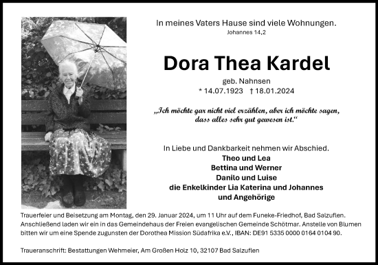Anzeige  Dora Thea Kardel  Lippische Landes-Zeitung
