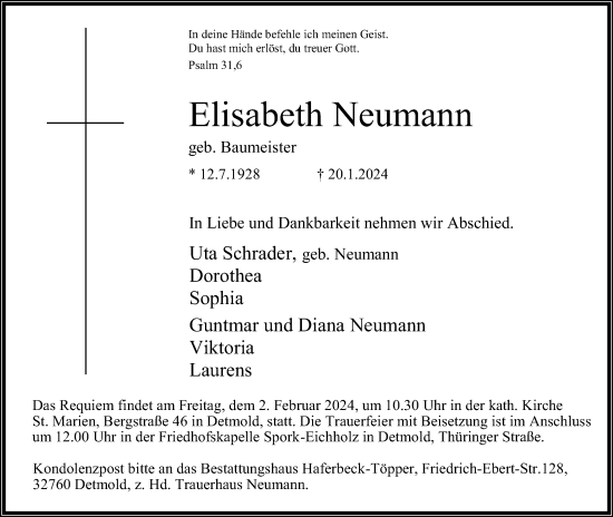 Anzeige  Elisabeth Neumann  Lippische Landes-Zeitung