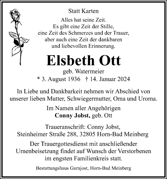 Anzeige  Elsbeth Ott  Lippische Landes-Zeitung