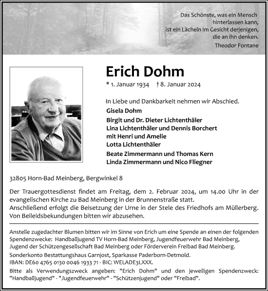 Anzeige  Erich Dohm  Lippische Landes-Zeitung