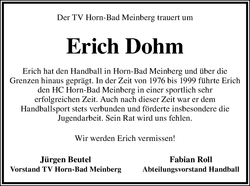 Traueranzeige für Erich Dohm vom 20.01.2024 aus Lippische Landes-Zeitung