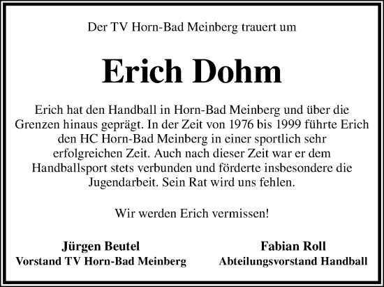 Anzeige  Erich Dohm  Lippische Landes-Zeitung