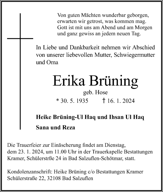 Anzeige  Erika Brüning  Lippische Landes-Zeitung