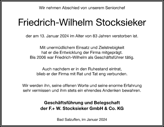 Anzeige  Friedrich-Wilhelm Stocksieker  Lippische Landes-Zeitung