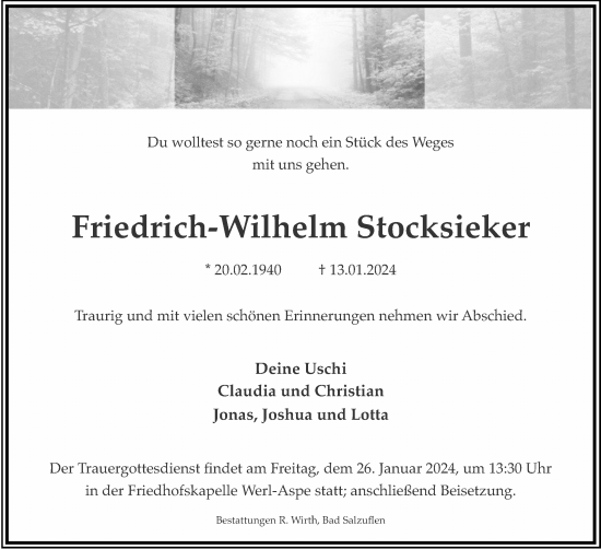 Anzeige  Friedrich-Wilhelm Stocksieker  Lippische Landes-Zeitung