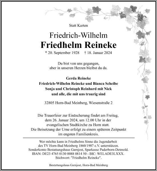 Anzeige  Friedrich-Wilhelm Friedhelm Reineke  Lippische Landes-Zeitung