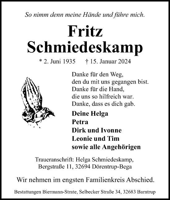 Anzeige  Fritz Schmiedeskamp  Lippische Landes-Zeitung
